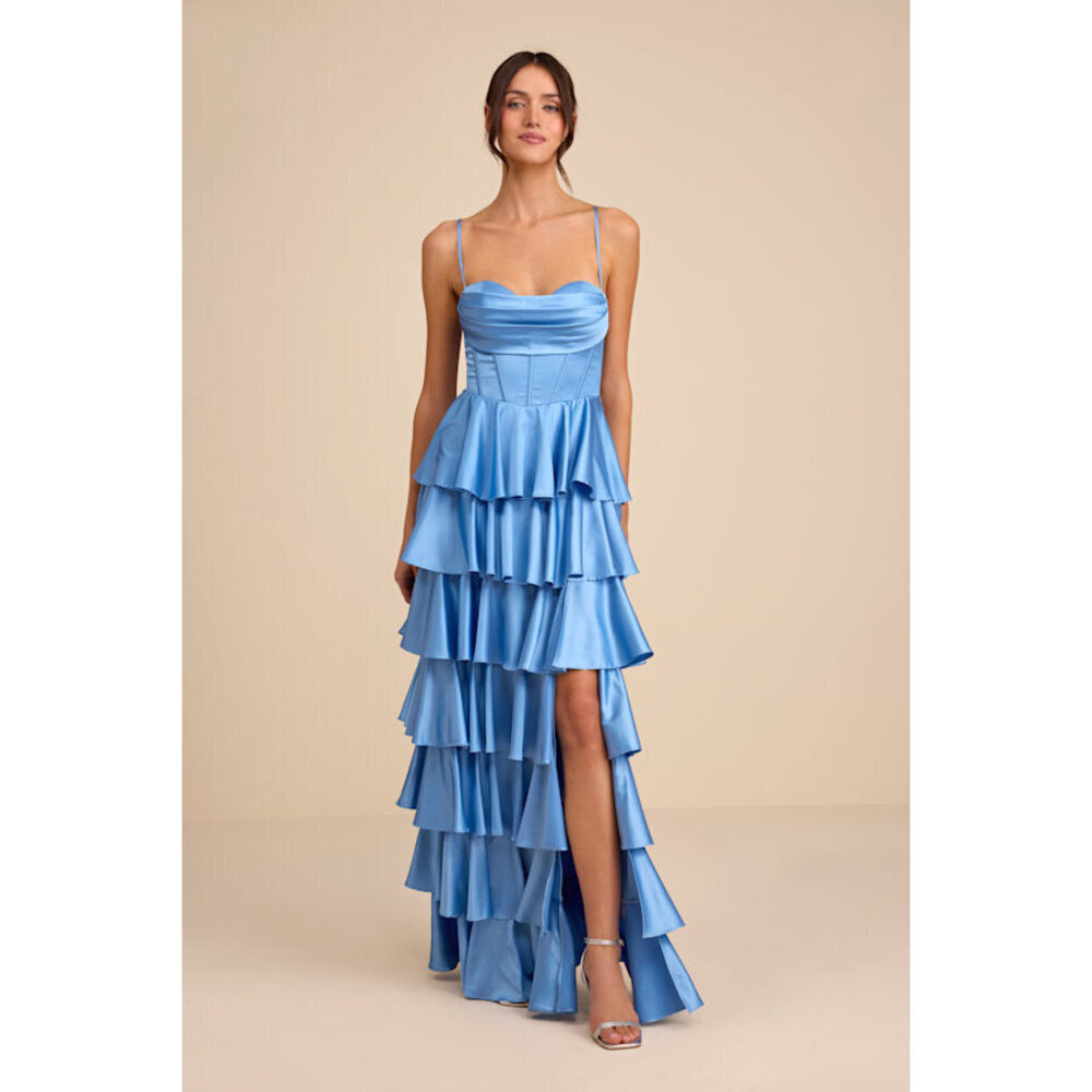 Lulus Arletta Light Blue Satin Bustier Tiered Maxi Dress - Size S